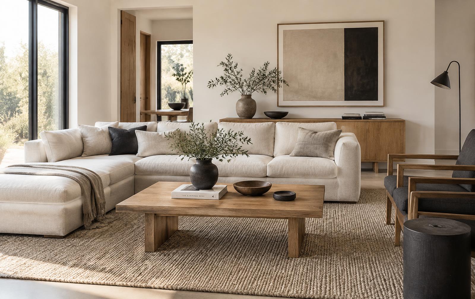 Contemporary living room with oak and linen furniture